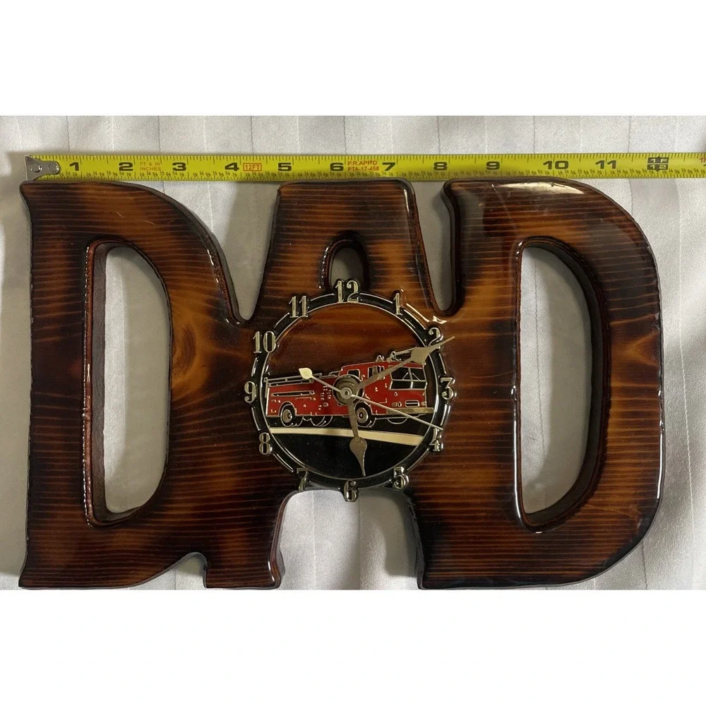 Vintage 80's Hand Carved Wood Clock With Inlaid Fire Truck Man Cave‎ Garage